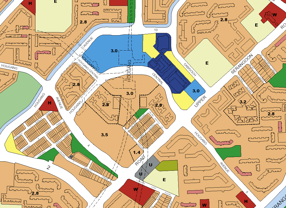Yellow areas are reserved sites, light blue sections the commercial and residential (existing) and dark blue are commercial sites.