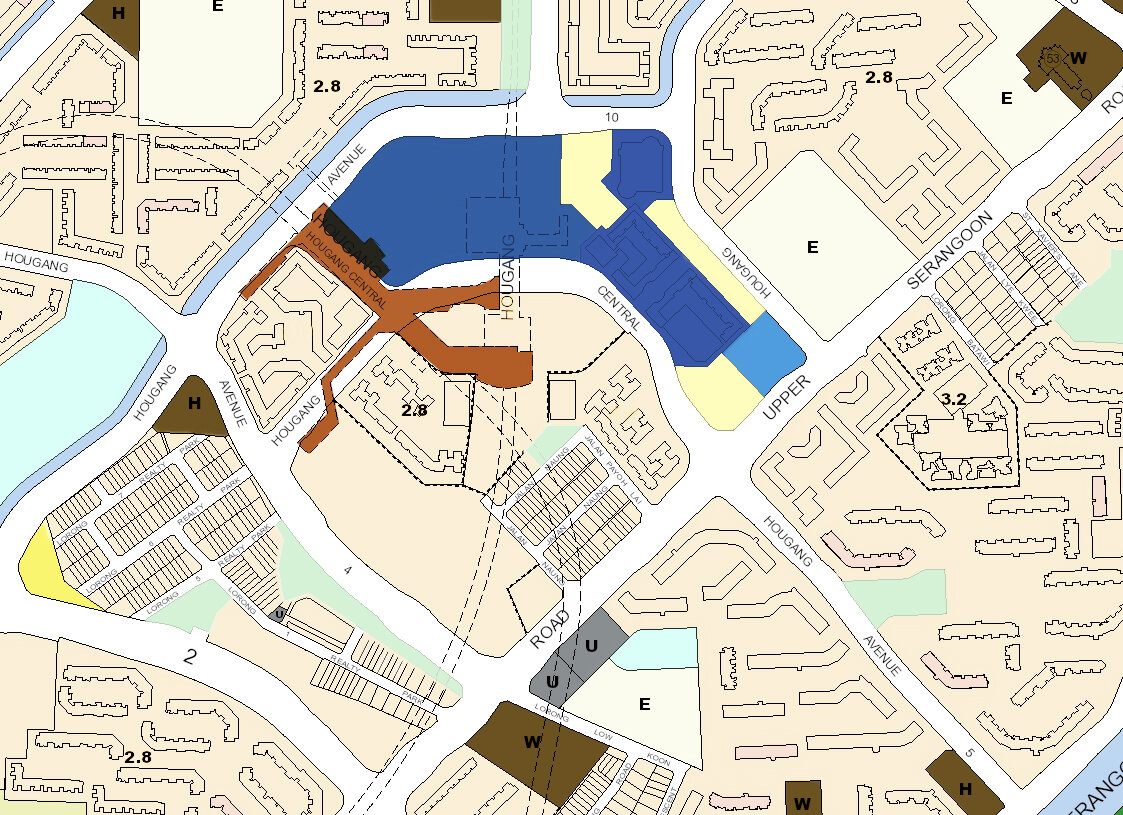 Proposed area for the upcoming Hougang MRT Interchange (in brown). Dark blue is the commercial &amp; residential, while yellow are reserved sites.