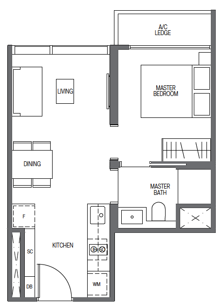 Midtown Modern’s smallest 1-bedder A1 layout409 sq ft