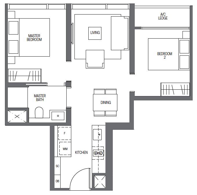 Midtown Modern’s 2-bedder B1 layout592 sq ft, starting price at $1.4 mil