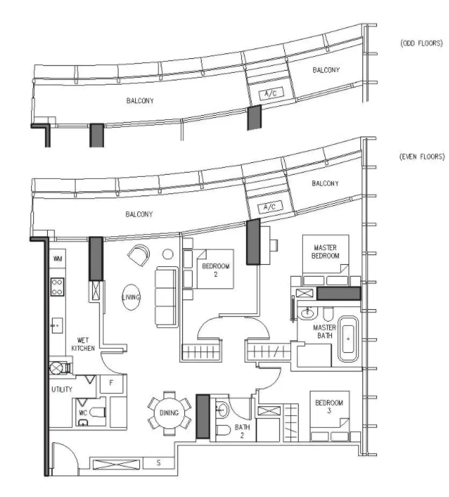 Duo Residences’s F2 3-bedder layout 1,432 sq ft Asking price above $3 mil