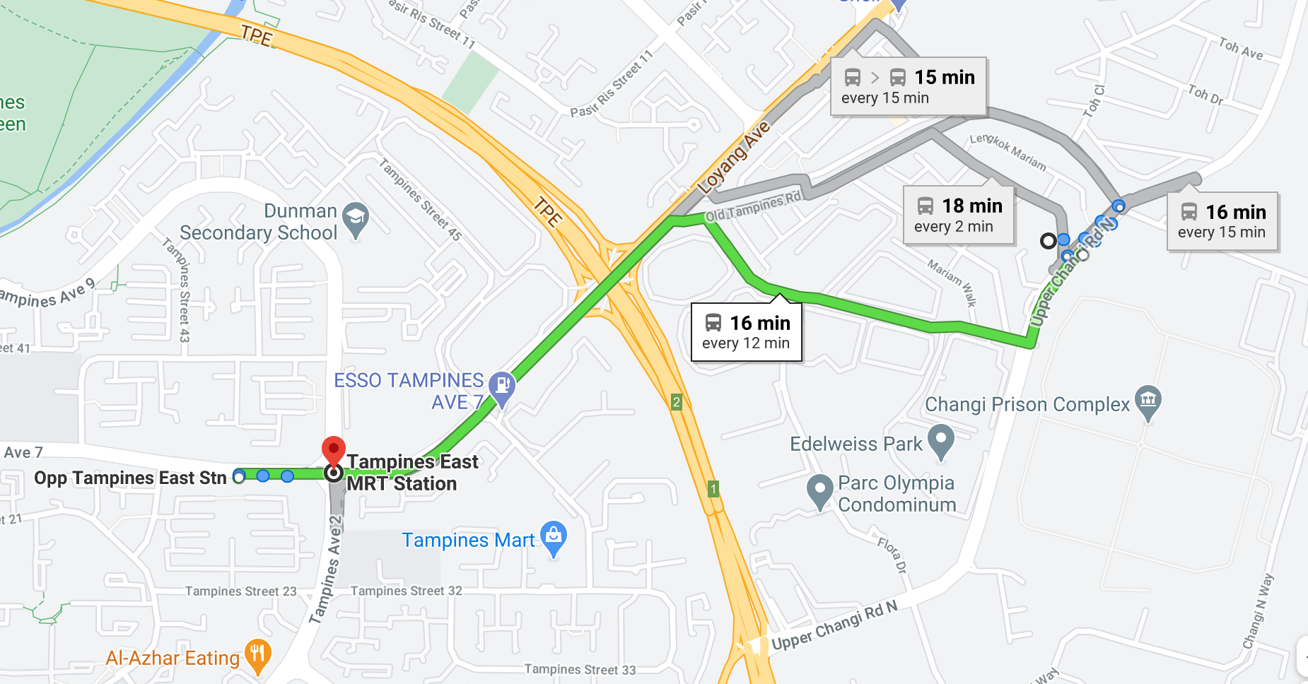 Parc Komo Accessibility Bus to Tampines East MRT Station courtesy Googlemaps.png