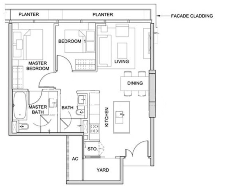 South Beach’s 2-bedroom 990 sq ft layout.